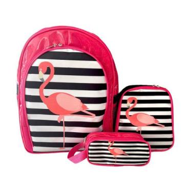 Imagem de Mochila Flamingo Pink Costas Lancheira Estojo Kit Escolar - Crush