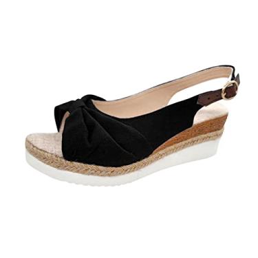 Imagem de Sandálias de cunha para mulheres moda verão cor sólida tecido casual palha inferior sandália com fivela anabela (preto, 35)