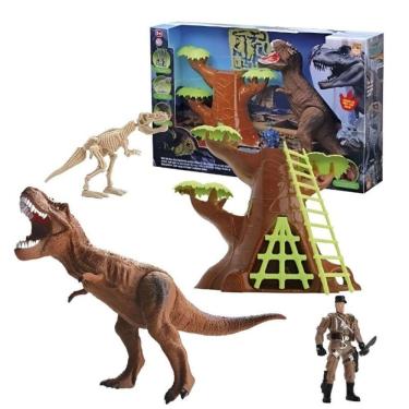 Imagem de Brinquedo Articulado T-Rex Em Vinil + Árvore Misteriosa Com Acessórios E Soldado