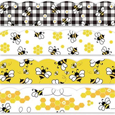 Imagem de Whaline Adesivos para quadro de avisos de verão de 1,8 m com acabamento de abelha, amarelo, preto, branco, xadrez, abelha, margarida, flor, quadro de avisos para escola, sala de aula, escritório, decoração de festa de abelha