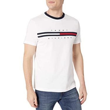 Imagem de Tommy Hilfiger Camiseta masculina de manga curta com estampa listrada, Branco brilhante, P