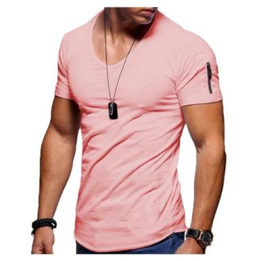 Imagem de Camisetas masculinas de manga curta gola V cor sólida pulôver camisetas esportivas casuais slim fit, Rosa claro, 3G