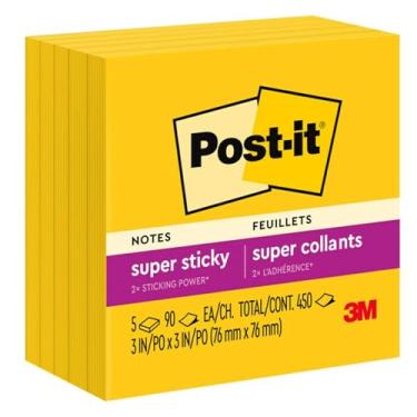 Imagem de Post-it Super Sticky Notes, 450 Total Notes, Pack of 5 Pads, 3" x 3", Electric Yellow, 90 Notes Per Pad