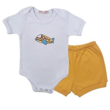 Imagem de Conjunto Body Manga Curta Bordado Avião e Short Tapa Fralda - Roupa Bebê Menino-Masculino