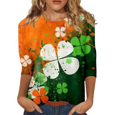 Imagem de Camiseta de Dia de São Patrício Shamrock Irish Tops de algodão feminino Dia de São Patrício verde trevo irlandês camiseta feminina dia de São Patrício, 0103-laranja, M