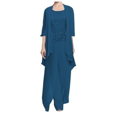 Imagem de Conjunto de 3 peças de calça mãe da noiva para vestidos pequenos de casamento, roupa formal, Azul-petróleo, 4