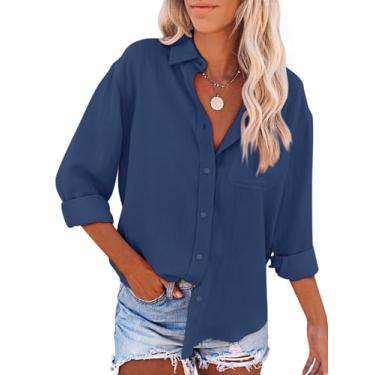 Imagem de Aoudery Camisa social feminina de algodão, manga comprida, gola V, lisa, túnicas casuais com bolsos, Azul marinho, M