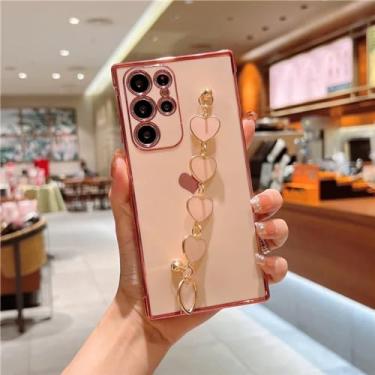 Imagem de Chapeamento de silicone amor coração pulseira caso para Samsung Galaxy S24 S23 S22 S21 Ultra Plus A52 A53 A54 S 24 23 22 21 5G capas macias, rosa, para Samsung A54