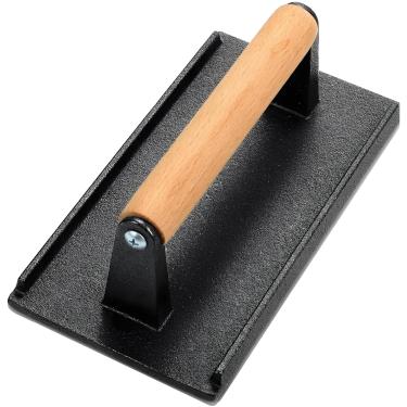 Imagem de only fire Prensa de grelha de ferro fundido com cabo de madeira, ótimo para espremer gordura de carnes, achatar bacon, paninis e hambúrgueres