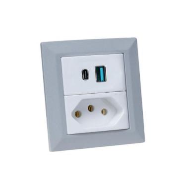 Imagem de Espelho de Tomada Duplo Chanfrado 1 Tom 20A 2 Usb 9.0A Cinza - CONNECT