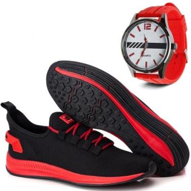 Imagem de Tênis Masculino Pisada Neutra + Relógio - Iden Shoes, Vermelho, 37