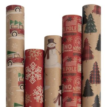 Imagem de JAM PAPER Embalagem de presente sortida – Papel de embrulho Kraft de Natal – Total de 125 metros quadrados – Conjunto de Natal Kraft infantil – 5 rolos/pacote