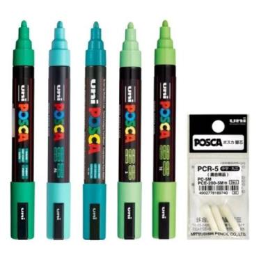 Imagem de Kit 5 Posca Tons de Verde Posca PC-5M + Refil - Uni-Ball