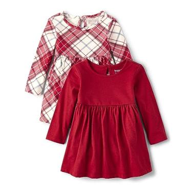 Imagem de The Children's Place Vestidos xadrez de manga comprida para bebês meninas tamanho único e recém-nascidos, pacote com 2, Xadrez vermelho/branco, 9-12 Meses