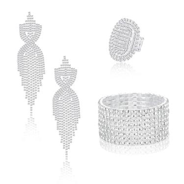 Imagem de Conjunto de joias femininas Sllaiss com strass cintilante, pulseira elástica com strass e franja, conjunto de brincos de fantasia
