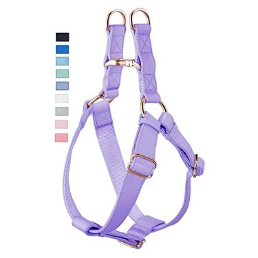 Imagem de Peitoral para cães de couro macio que não puxa - Peitoral ajustável para cães com fivela de metal resistente em ouro rosa, coletes de nylon para cães pequenos, médios e grandes, treinamento fácil de caminhar (G, roxo)