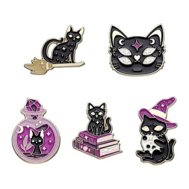Imagem de Conjunto de broches de gato preto mágico, 5 peças, para mulheres, meninas, homens, desenho animado, animal, gatinho, chapéu de bruxa, garrafa de veneno, vassoura, livro, esmalte, lapela, alfinete,