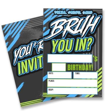 Imagem de QZJ Bruh Conjunto de 20 Convites de Aniversário com Envelopes para Meninos e Adolescentes Preencha em Branco, Dupla Face