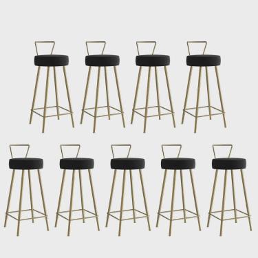 Imagem de Kit 09 Banqueta Alta Com Encosto Tais Eiffel Cozinha Bar Bistrô Ferro Dourado Suede Preto - Ahz Móveis