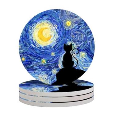 Imagem de Conjunto de porta-copos de cerâmica absorvente redondo de 4 peças com base de cortiça – porta-copos duráveis para canecas, copos e proteção de mesa (gato noturno estrelado)