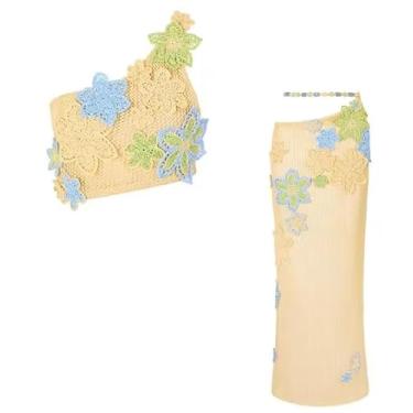 Imagem de Earthradius Conjunto de saia feminina com espartilhos de malha de crochê, flores coloridas, vazado, costas nuas, colete cropped top midi saia feminina (B, P)