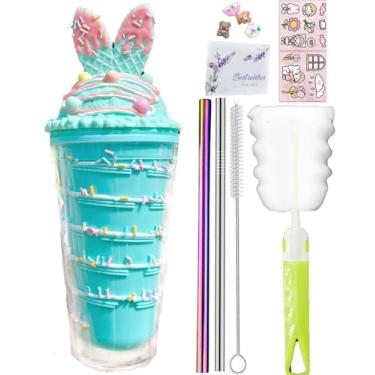 Imagem de viva story Copo de viagem de unicórnio com canudo chocolate copo para beber gelo leite caneca de café copo de plástico para piquenique festa presente de aniversário (coelho chocolate azul 2, 450 ml)