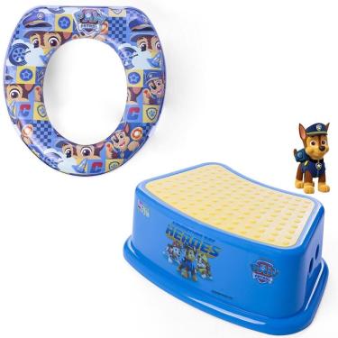 Imagem de Kit Redutor de Assento Vaso Sanitário Infantil Desfralde com Degrau Banheiro Crescidinho Antiderrapante Patrulha Canina Azul Chase