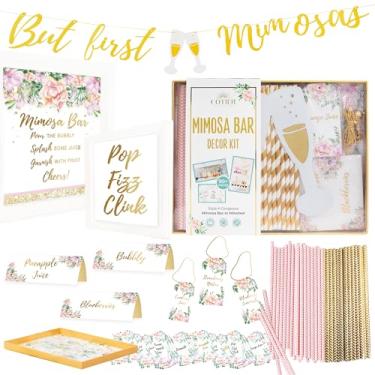 Imagem de Kit de decorações para bar Mimosa da Cotier, reutilizável, com placa de bar Mimosa, mas primeiro banner Mimosas - decorações de chá de panela, chá de bebê, decorações de brunch, barra de bolhas, noivado, despedida de solteira