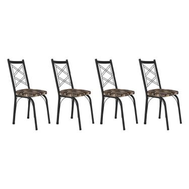 Imagem de Kit 4 Cadeiras De Cozinha Delaware Estampado Mosaico Palha Pés De Ferro Preto