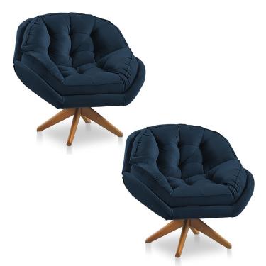 Imagem de Kit 02 Poltronas Chicago Giratória Veludo Base De Madeira Azul Marinho