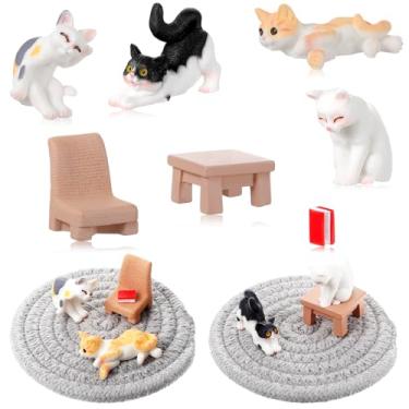 Imagem de Qianyu Conjunto de 7 peças de estatuetas de gato realistas pintadas à mão, mini decoração de gato, topo de bolo, gatinho, brinquedos em miniatura, ovos de Páscoa, presente de aniversário, casa de