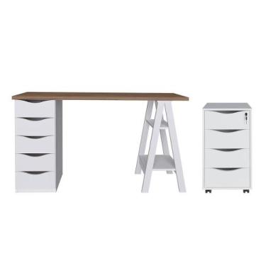 Imagem de Conjunto Escrivaninha e Gaveteiro Oldenburgo Nogal Branco - CASA H
