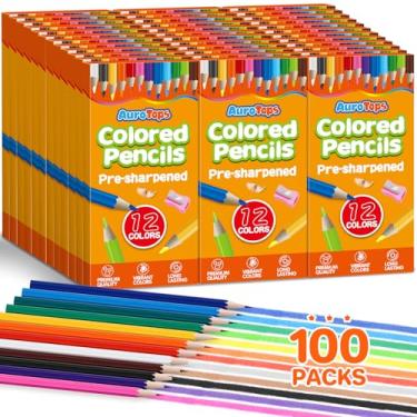 Imagem de AuroTops 100 pacotes de lápis de cor a granel, 1200 lápis de cor pré-afiados a granel, cores vibrantes, conjunto de 12 lápis de cor para prêmios de sala de aula, material de volta às aulas para