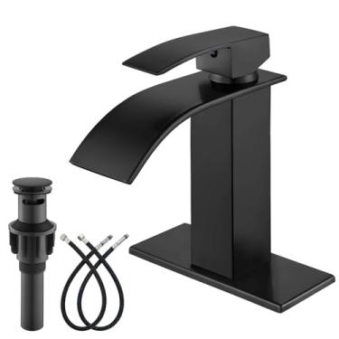 Imagem de gotonovo Torneira de banheiro cachoeira torneiras de banheiro de alça única para pia 1 furo aço inoxidável moderna torneira misturadora torneira de lavatório com ralo pop-up, preto fosco