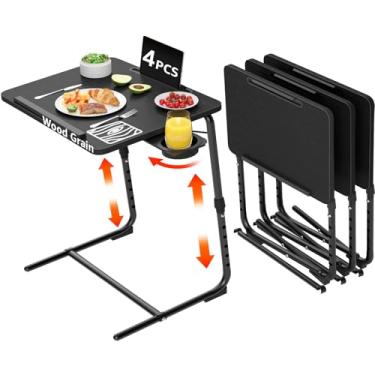 Imagem de Conjunto de 2 bandejas de TV dobráveis e ajustáveis para comer no sofá, mesas de madeira, suporte dobrável, preto, com suporte para copos, portátil