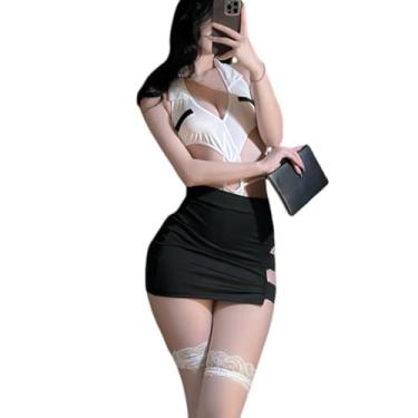 Imagem de QNCLO Saia feminina cosplay secretaria boate sexy abraçando o quadril anime professor cosplay roupa íntima (preto branco)