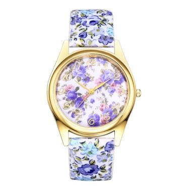 Imagem de JewelryWe Relógios femininos de couro floral: relógio de pulso analógico de quartzo fácil de ler elegante flor boêmio relógios de vestir, Azul