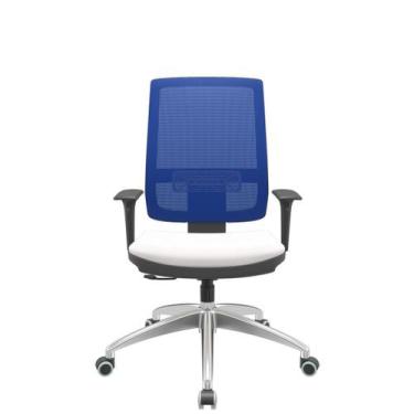 Imagem de Cadeira Office Brizza Tela Azul Assento Vinil Branco RelaxPlax Base Al