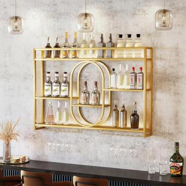 Imagem de Suporte De Copo De Licor Industrial Flutuante Montado Na Parede De Metal 3 Camadas Prateleira De Exibição De Armazenamento De Vinho Industrial Bar Prateleiras De A, Gold, 39.4"x 5.9"x 31.5"