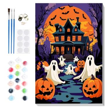 Imagem de Bowetile Pintura emoldurada de Halloween por números para adultos iniciantes, kits fáceis de pintar por números em tela, kits de artesanato de pintura com números de castelo de acrílico, presentes de