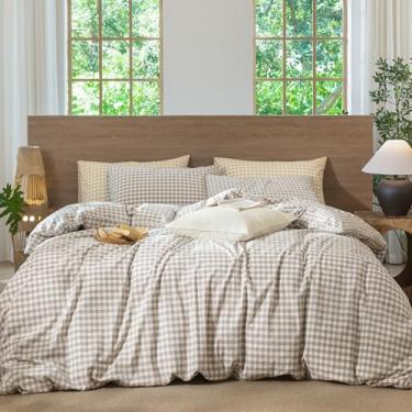 Imagem de MooMee Conjunto de capa de edredom Gingham 100% algodão lavado, linho, texturizado, respirável, durável, macio, confortável, moderno, design xadrez (cinza de linho, tamanho grande 250 x 250 cm)