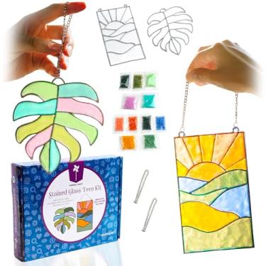 Imagem de Pinwheel Crafts Kit de vitrais DIY para crianças – Conjunto de presente de arte de vitral com 2 molduras decorativas, corrente de pendurar, anel e contas coloridas – Kit divertido de captador de sol