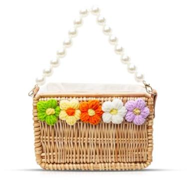 Imagem de Bolsa de praia feminina, bolsa quadrada de palha, bolsa de mão com flores coloridas, bolsa de mão boêmia, adequada para viagens, férias, trabalho, combinação diária, Caqui, One Size