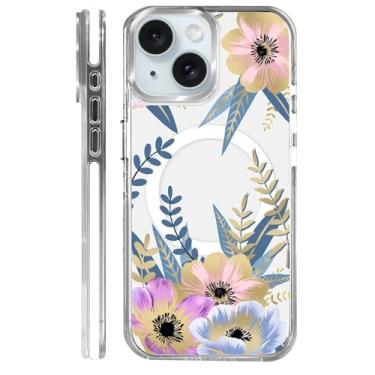 Imagem de Yuning419 Capa para iPhone 15, compatível com Magsafe, capa transparente com proteção total da câmera para meninas e mulheres, capa magnética protetora à prova de choque - pétala florescendo