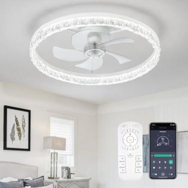 Imagem de FTZVRD Ventiladores de teto com luzes, ventilador de teto de 61 cm com luz e controle remoto, ventilador de teto branco reversível de perfil baixo, LED regulável, montagem embutida, motor CC, para