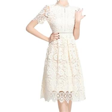 Imagem de Mulheres Renda Vestido Estampado Oco Gola Redonda Manga Curta Casual Festa Linha A Vestidos Midi, 1, XL