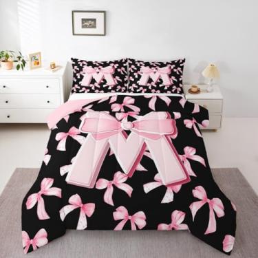 Imagem de Feelyou Conjunto de edredom com laço rosa fofo para meninas, solteiro, letra M, coquete, laço e nó, edredom com monograma, presente personalizado para meninas adolescentes e mulheres, 2 peças com 1