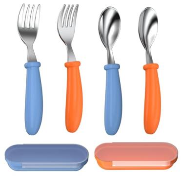 Imagem de WXCWYQR Utensílios infantis, garfos e colheres infantis, conjunto de talheres de aço inoxidável para bebês com caixa de armazenamento para alimentação automática, pode ser lavado na lava-louças (2