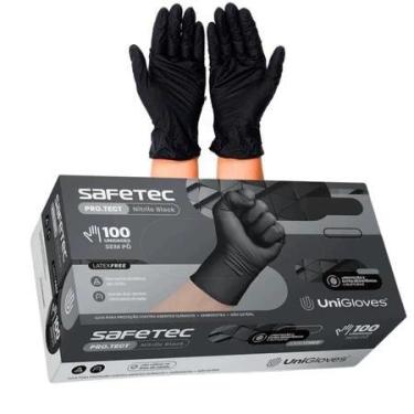 Imagem de Luva Nitrílica Preta Premium Safetec Unigloves sem Pó Caixa 100un, P