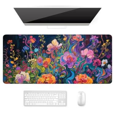 Imagem de Auhoahsil Tapete de mesa, mouse pad ultragrande, mousepad para jogos XXL, lindo tapete de mesa grande estendido tamanho completo para teclado, laptop e computador, 90 x 40 cm, flores coloridas